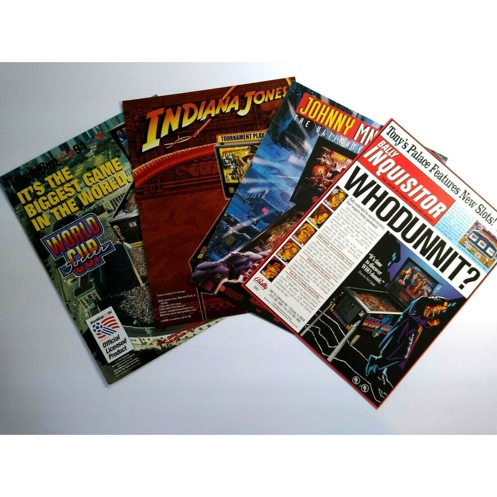 Pinball Flyers Lot Of 4 Games World Cup Indiana Jones Johnny Mnemonic Whodunnit